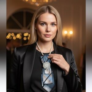 “Dainty Dapper”Blue Geometric Tie Necklace with Pearl Accents